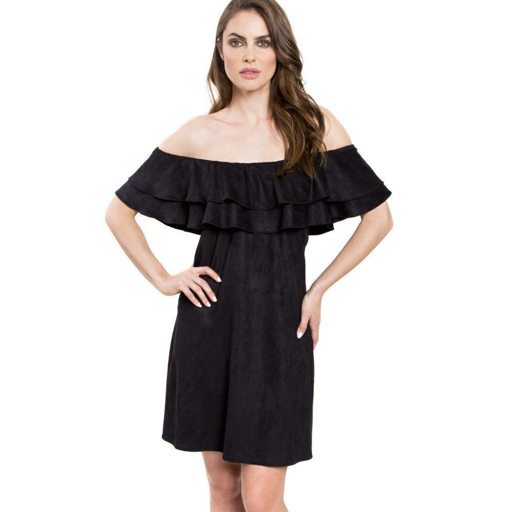 SZL Julie Brown NYC SELENA Night Out Dress w Ruffle Neckline in Black Color